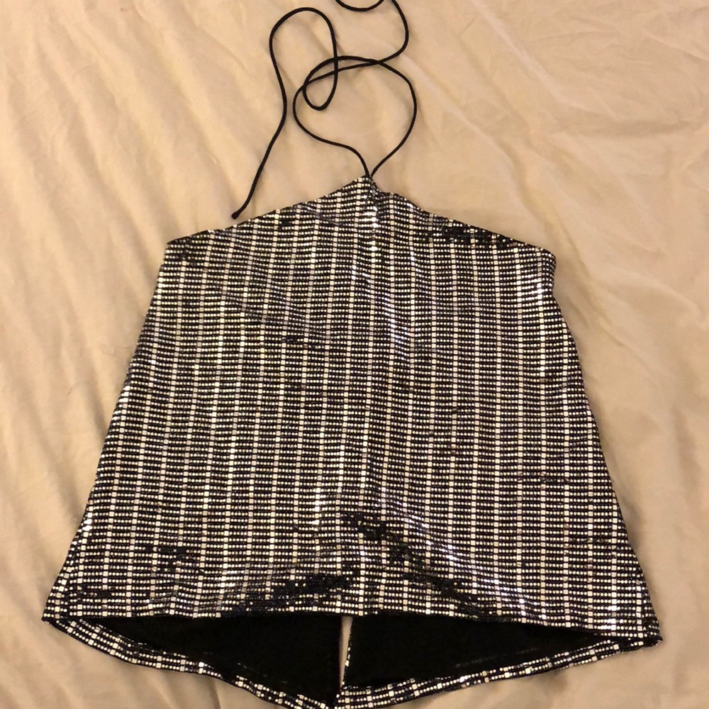 Zara silver sequin halter split-back top